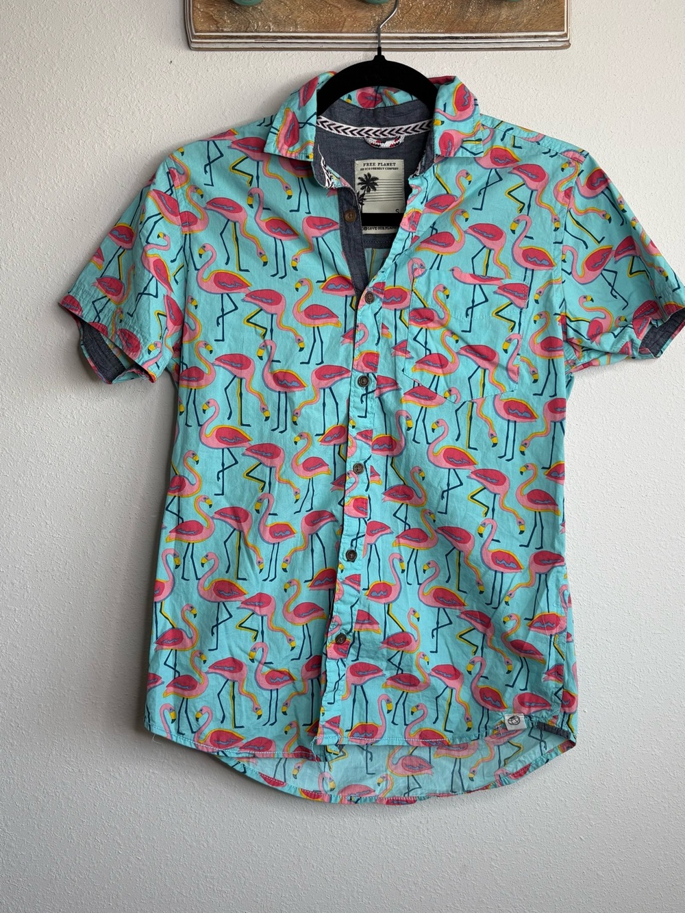 Free Planet Aqua Short-Sleeve Flamingo Print Button-Down Shirt